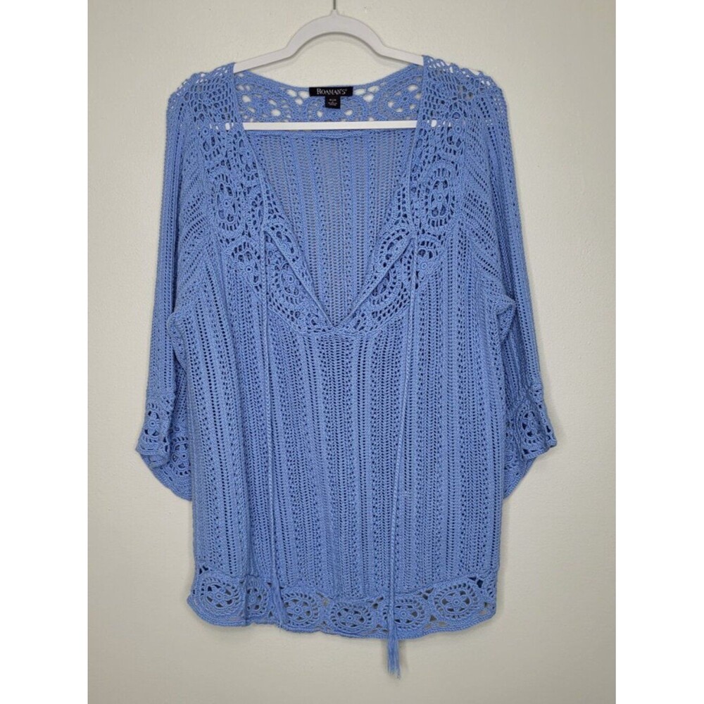 Romans open knit crochet tassel pull over beachy coastal plus size sweater